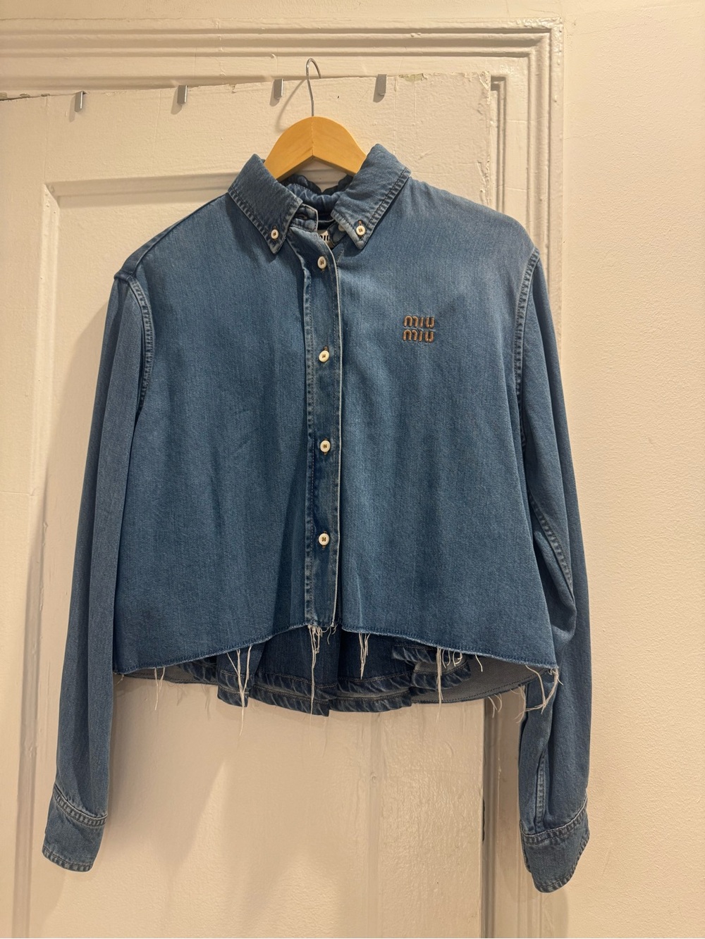 Miu Miu Distressed Cropped Denim Shirt in Medium Blue
